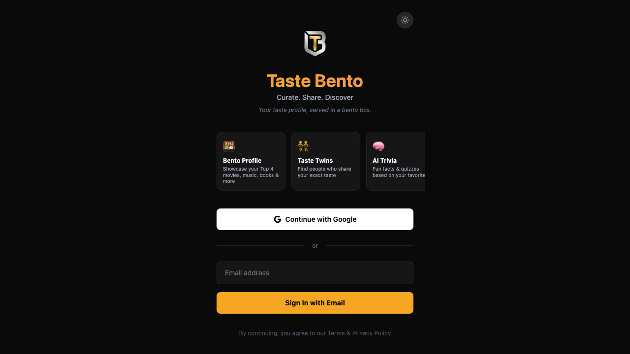 TasteBento login page and product overview